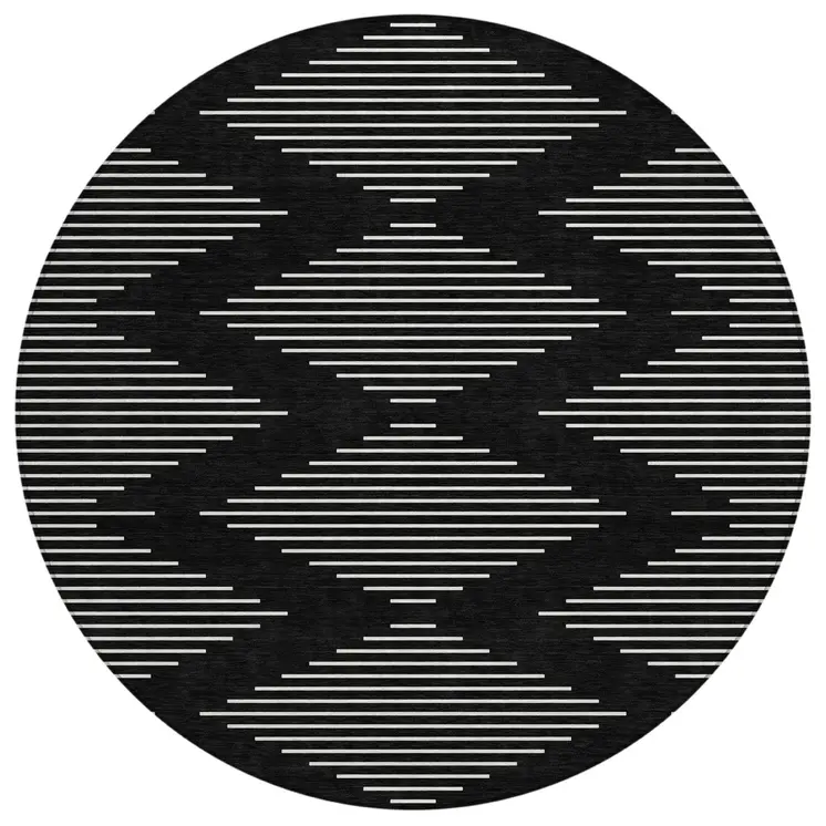 8' Black And Ivory Round Geometric Washable Indoor Outdoor Area Rug