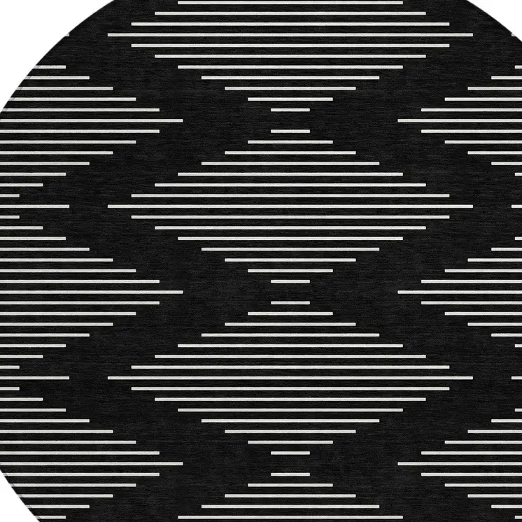 8' Black And Ivory Round Geometric Washable Indoor Outdoor Area Rug