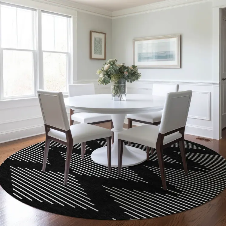 8' Black And Ivory Round Geometric Washable Indoor Outdoor Area Rug