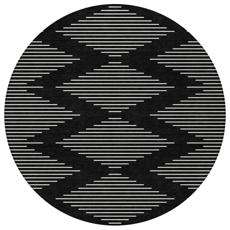 8' Black And Ivory Round Geometric Washable Indoor Outdoor Area Rug