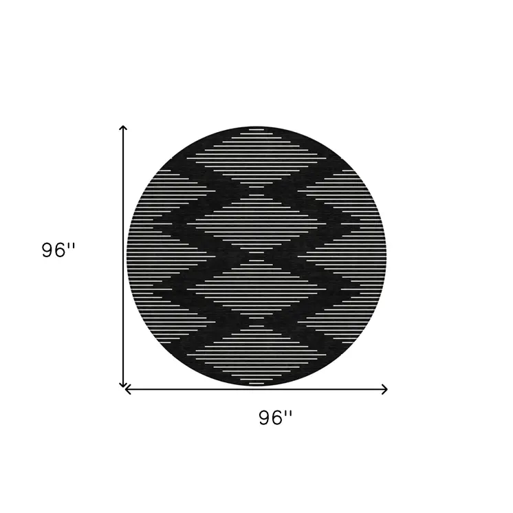 8' Black And Ivory Round Geometric Washable Indoor Outdoor Area Rug