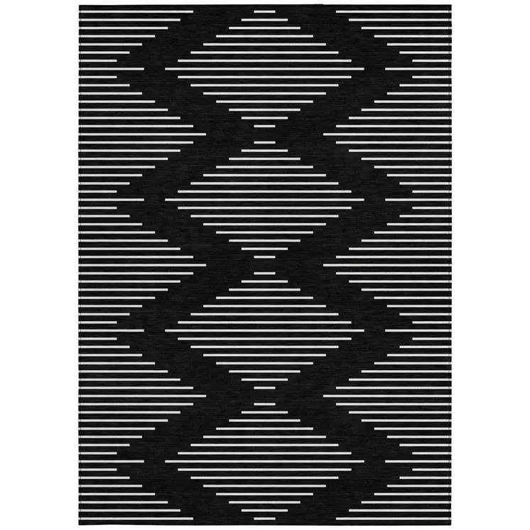 8' X 10' Black And Ivory Geometric Washable Indoor Outdoor Area Rug
