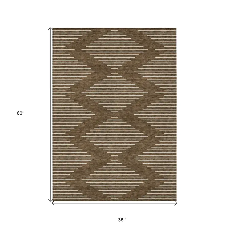 3' X 5' Brown And Beige Geometric Washable Indoor Outdoor Area Rug