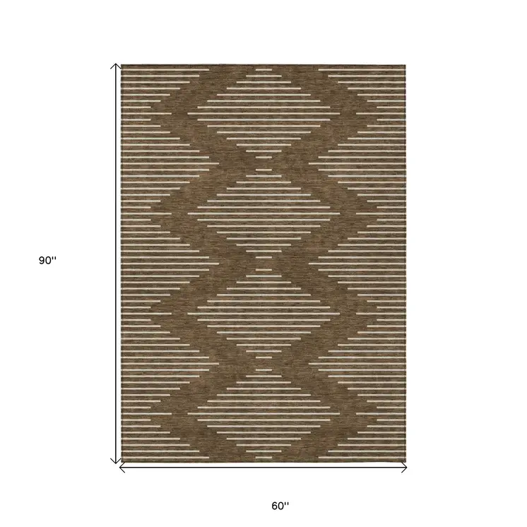 5' X 8' Brown And Beige Geometric Washable Indoor Outdoor Area Rug