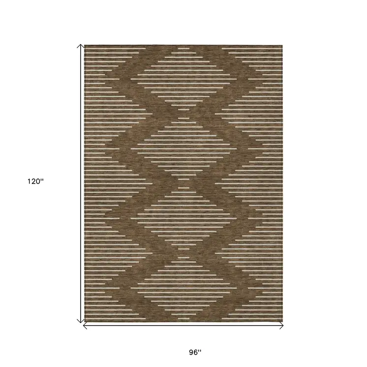 8' X 10' Brown And Beige Geometric Washable Indoor Outdoor Area Rug