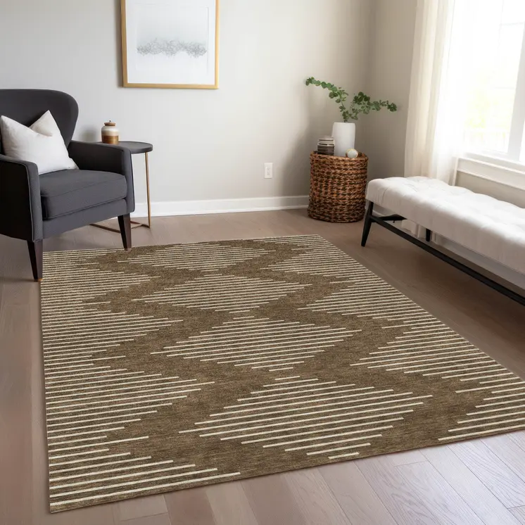 9' X 12' Brown And Beige Geometric Washable Indoor Outdoor Area Rug