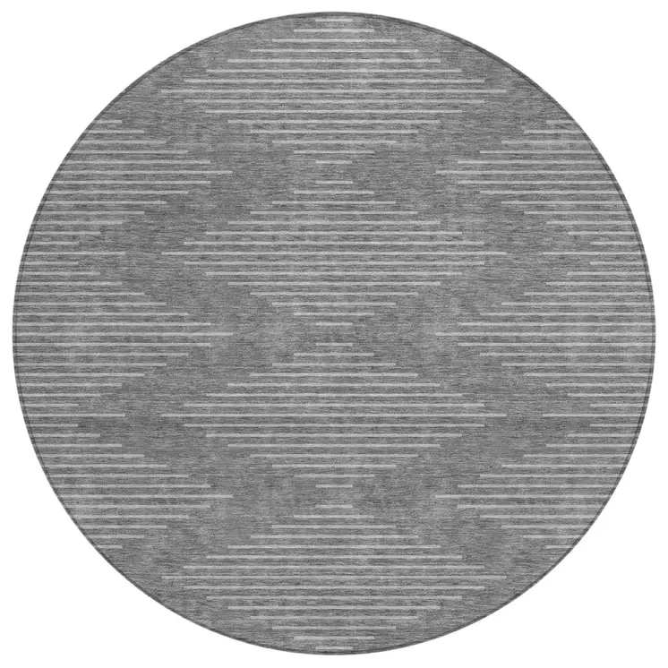 8' Charcoal And Silver Round Geometric Washable Indoor Outdoor Area Rug