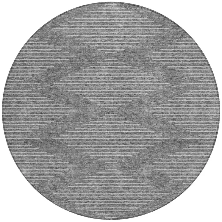 8' Charcoal And Silver Round Geometric Washable Indoor Outdoor Area Rug