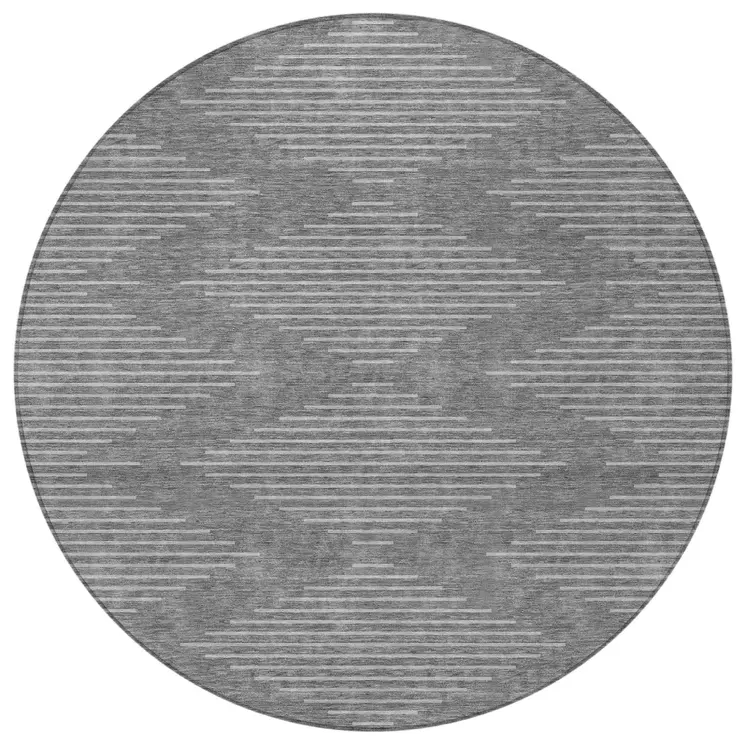 8' Charcoal And Silver Round Geometric Washable Indoor Outdoor Area Rug