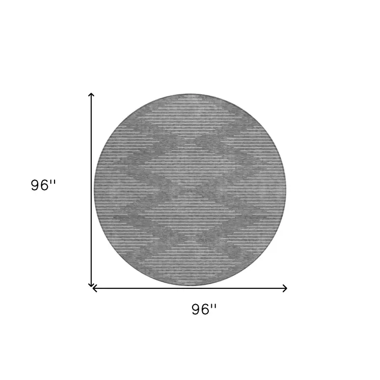 8' Charcoal And Silver Round Geometric Washable Indoor Outdoor Area Rug
