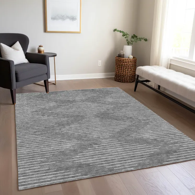 10' X 14' Charcoal And Silver Geometric Washable Indoor Outdoor Area Rug