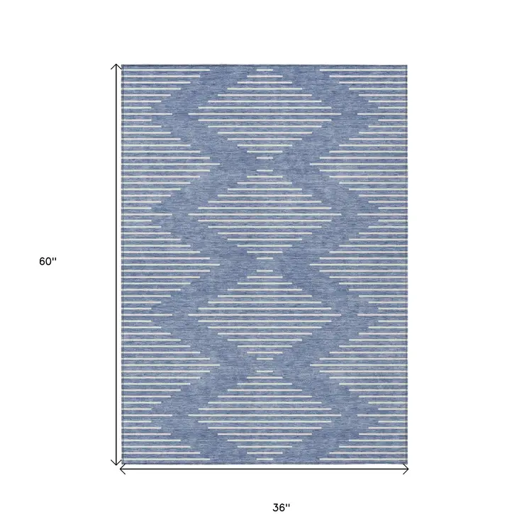 3' X 5' Denim Blue And Ivory Geometric Washable Indoor Outdoor Area Rug