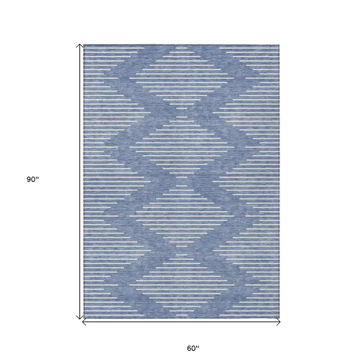 5' X 8' Denim Blue And Ivory Geometric Washable Indoor Outdoor Area Rug