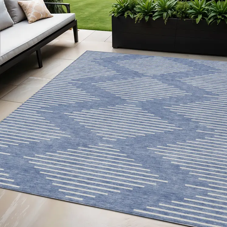 5' X 8' Denim Blue And Ivory Geometric Washable Indoor Outdoor Area Rug