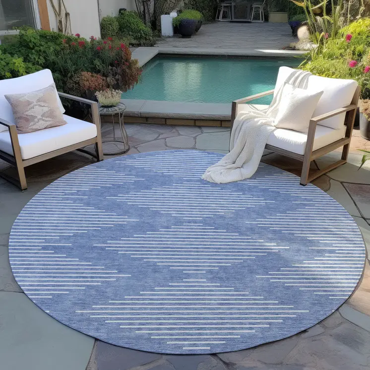 8' Denim Blue And Ivory Round Geometric Washable Indoor Outdoor Area Rug