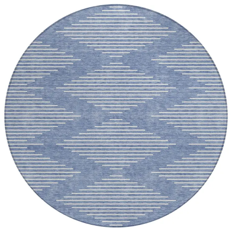 8' Denim Blue And Ivory Round Geometric Washable Indoor Outdoor Area Rug