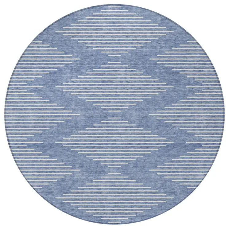 8' Denim Blue And Ivory Round Geometric Washable Indoor Outdoor Area Rug
