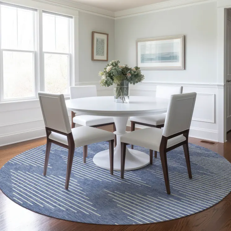 8' Denim Blue And Ivory Round Geometric Washable Indoor Outdoor Area Rug