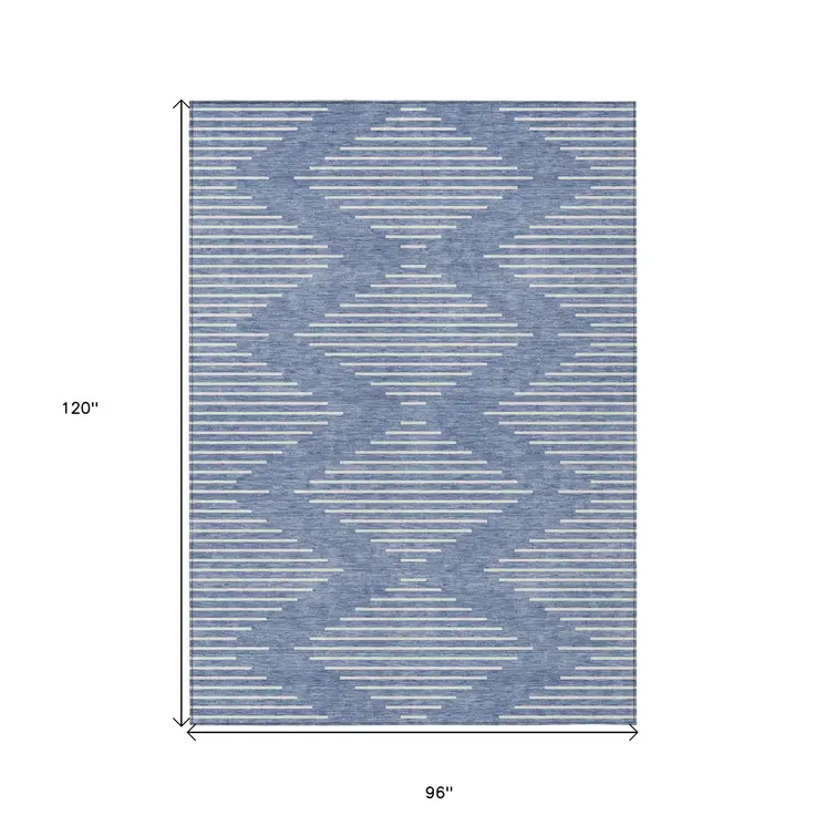 8' X 10' Denim Blue And Ivory Geometric Washable Indoor Outdoor Area Rug