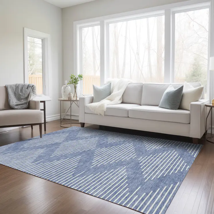 8' X 10' Denim Blue And Ivory Geometric Washable Indoor Outdoor Area Rug