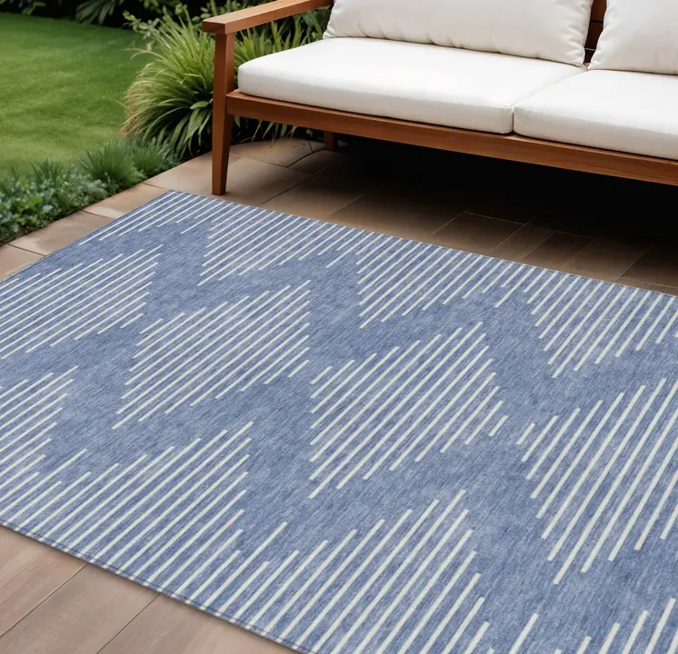 10' X 14' Denim Blue And Ivory Geometric Washable Indoor Outdoor Area Rug