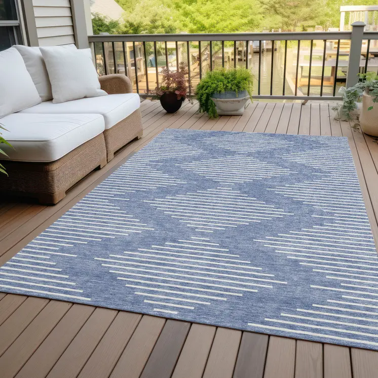 10' X 14' Denim Blue And Ivory Geometric Washable Indoor Outdoor Area Rug