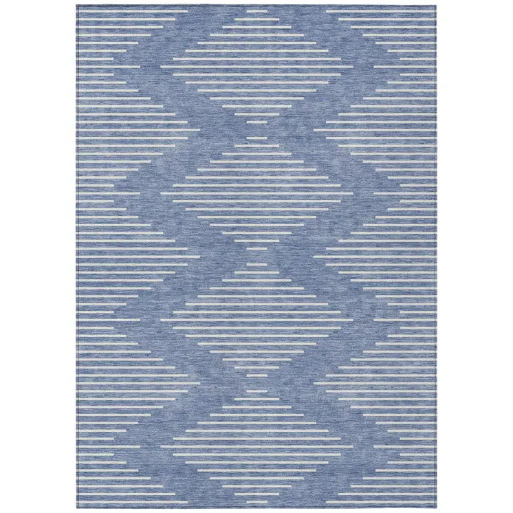 10' X 14' Denim Blue And Ivory Geometric Washable Indoor Outdoor Area Rug