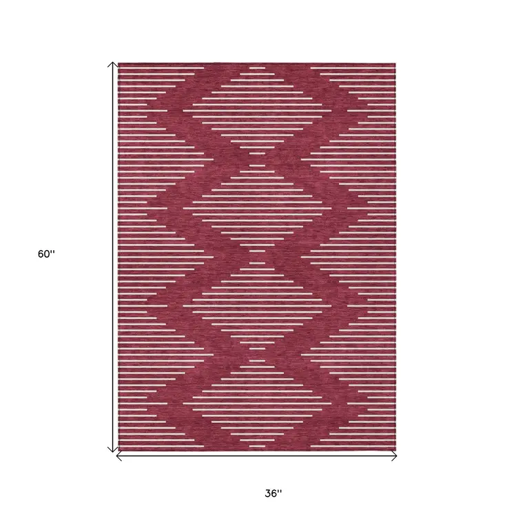 3' X 5' Red And Ivory Geometric Washable Indoor Outdoor Area Rug