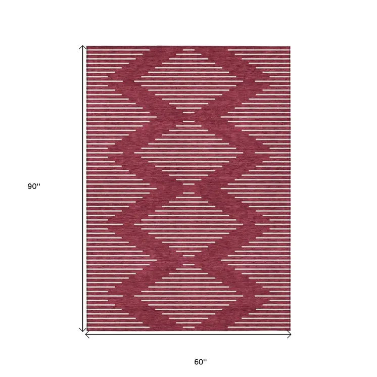 5' X 8' Red And Ivory Geometric Washable Indoor Outdoor Area Rug