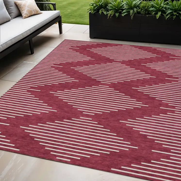 5' X 8' Red And Ivory Geometric Washable Indoor Outdoor Area Rug