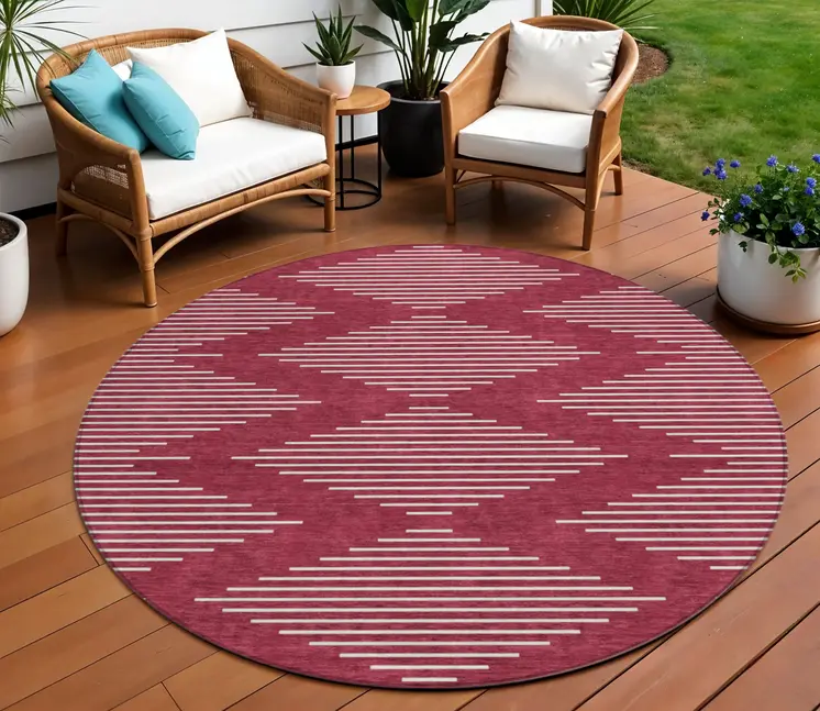 8' Red And Ivory Round Geometric Washable Indoor Outdoor Area Rug