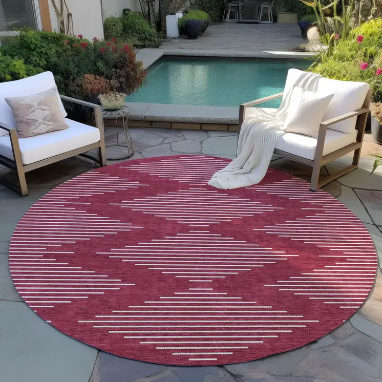 8' Red And Ivory Round Geometric Washable Indoor Outdoor Area Rug