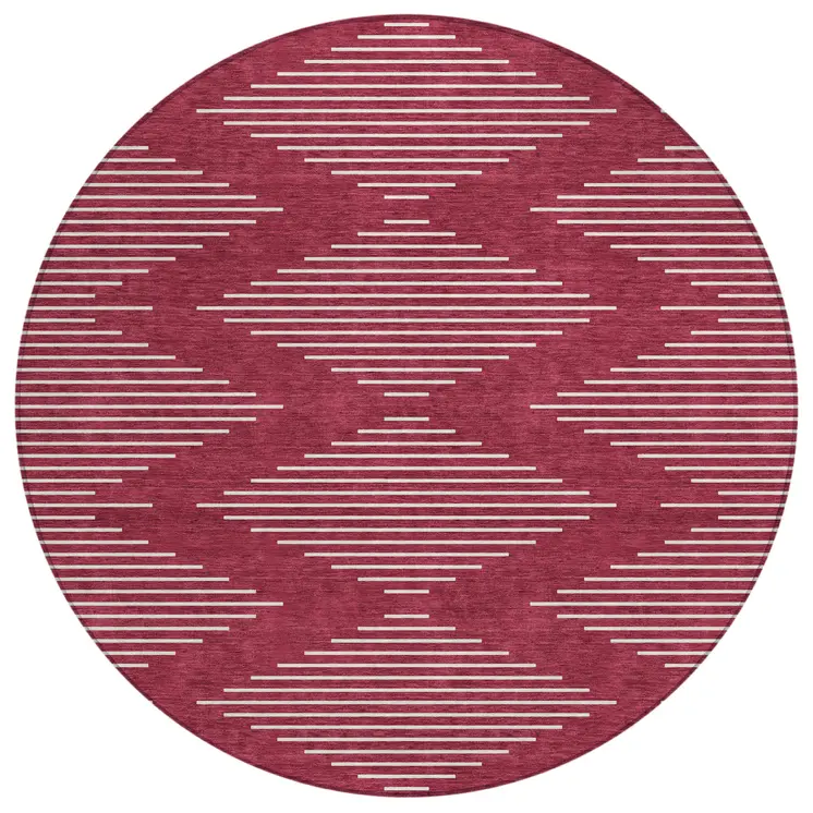 8' Red And Ivory Round Geometric Washable Indoor Outdoor Area Rug