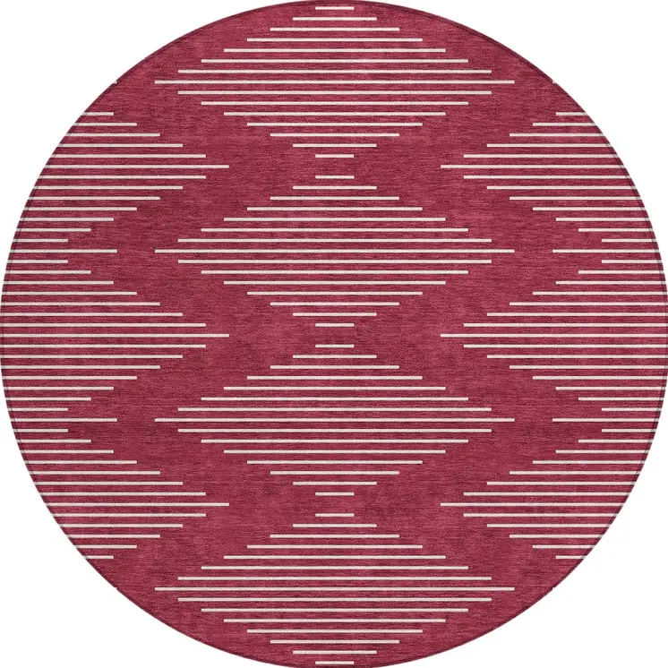 8' Red And Ivory Round Geometric Washable Indoor Outdoor Area Rug