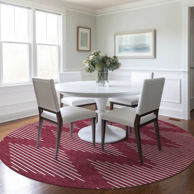 8' Red And Ivory Round Geometric Washable Indoor Outdoor Area Rug