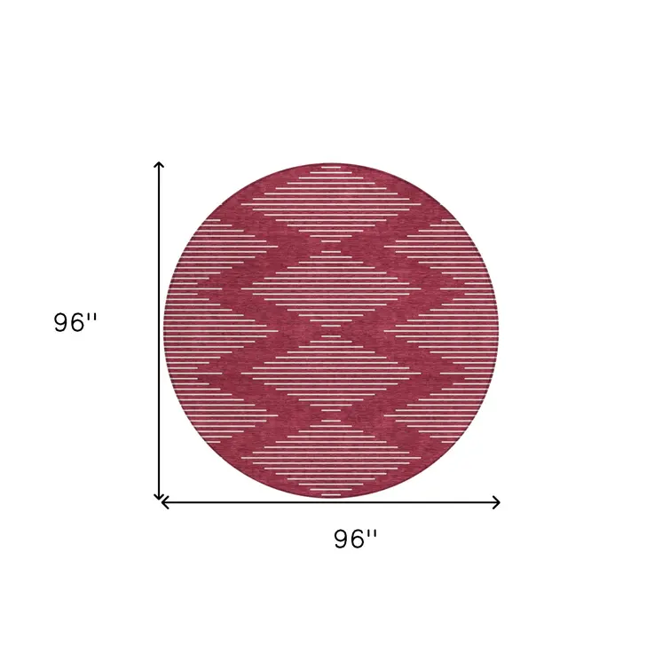8' Red And Ivory Round Geometric Washable Indoor Outdoor Area Rug