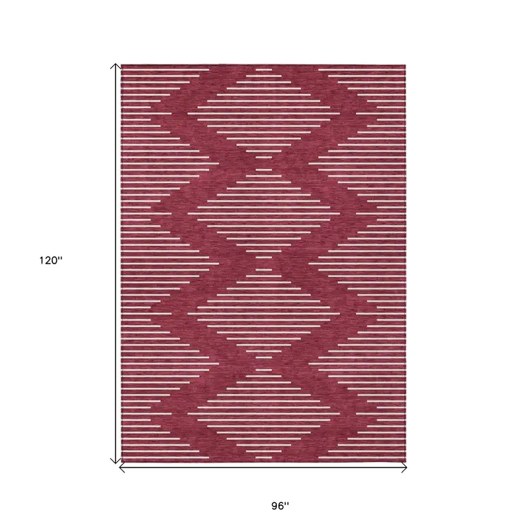 8' X 10' Red And Ivory Geometric Washable Indoor Outdoor Area Rug