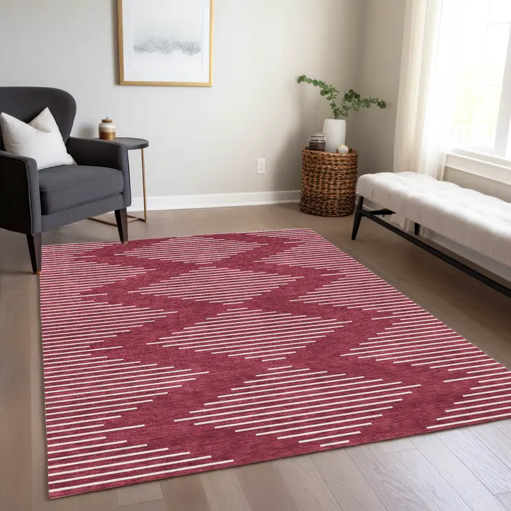8' X 10' Red And Ivory Geometric Washable Indoor Outdoor Area Rug