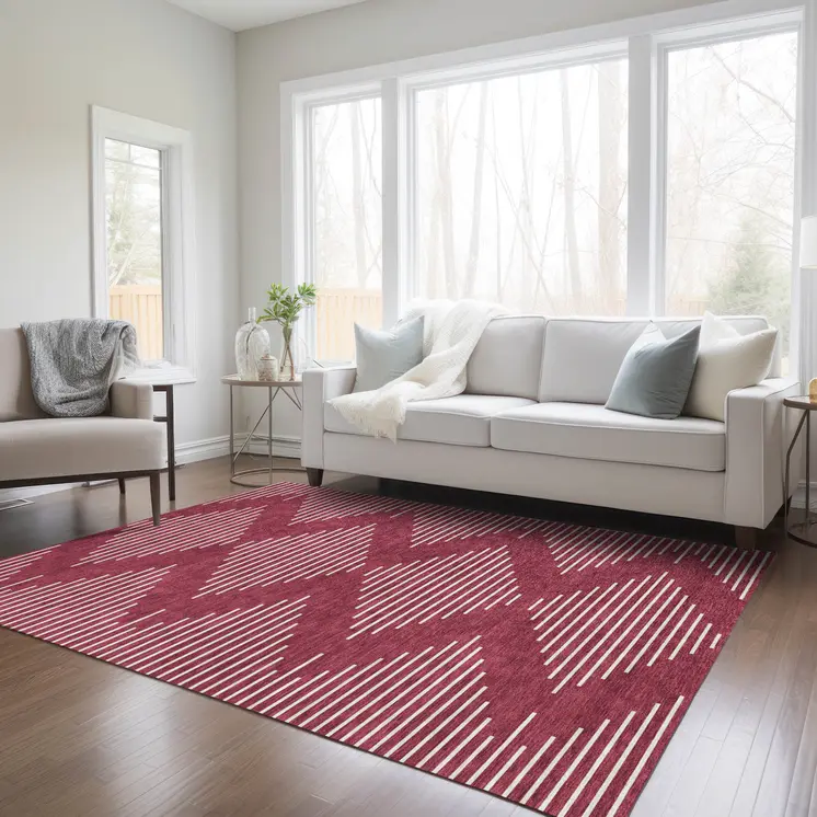 8' X 10' Red And Ivory Geometric Washable Indoor Outdoor Area Rug
