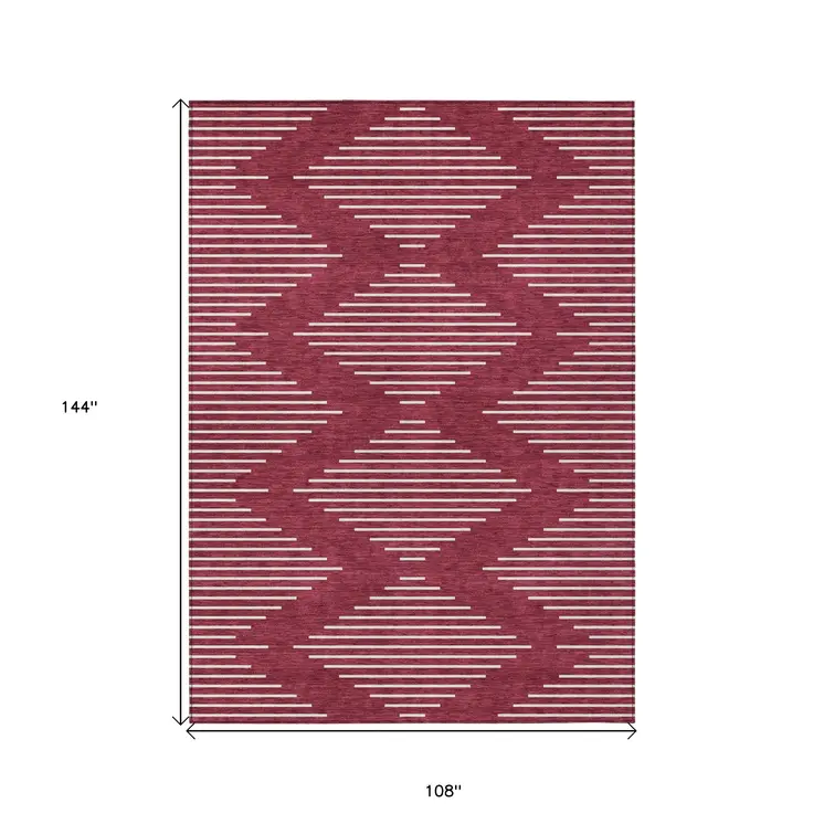 9' X 12' Red And Ivory Geometric Washable Indoor Outdoor Area Rug