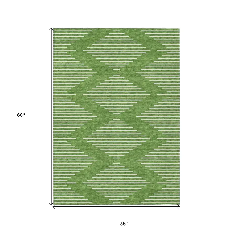 3' X 5' Green And Ivory Geometric Washable Indoor Outdoor Area Rug