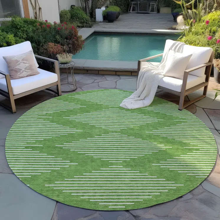 8' Green And Ivory Round Geometric Washable Indoor Outdoor Area Rug