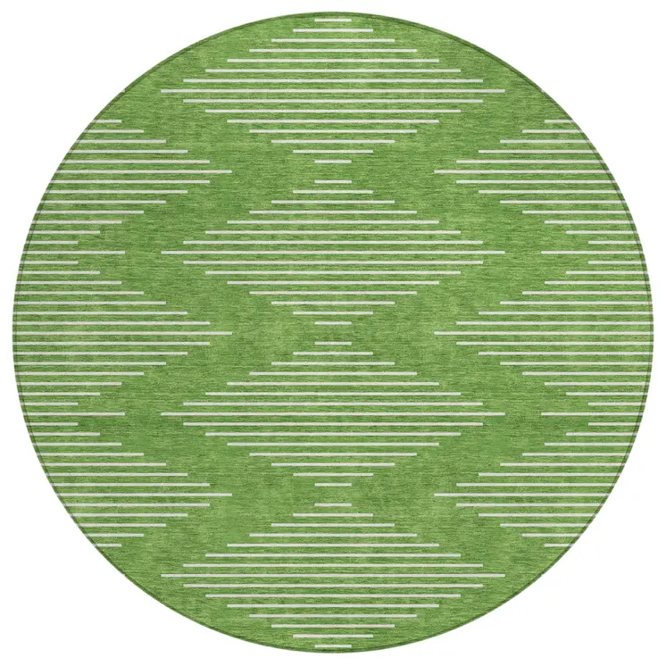 8' Green And Ivory Round Geometric Washable Indoor Outdoor Area Rug
