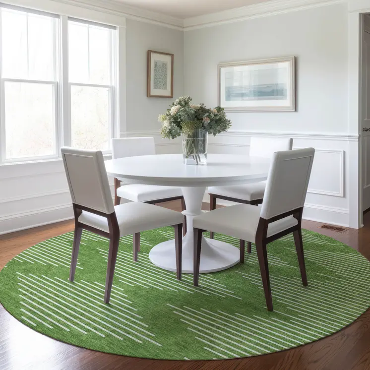 8' Green And Ivory Round Geometric Washable Indoor Outdoor Area Rug