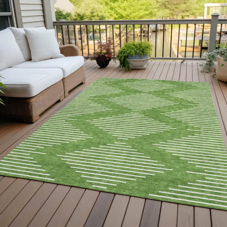 10' X 14' Green And Ivory Geometric Washable Indoor Outdoor Area Rug