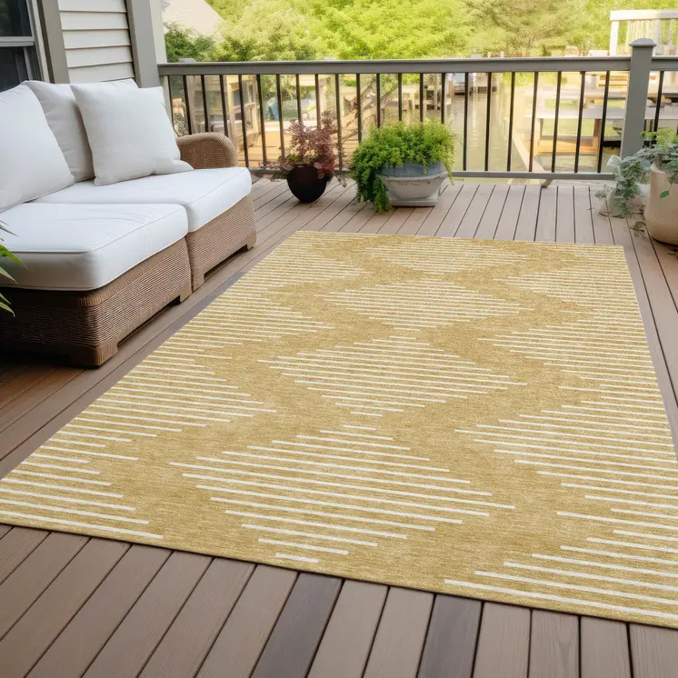 5' X 8' Gold And Ivory Geometric Washable Indoor Outdoor Area Rug