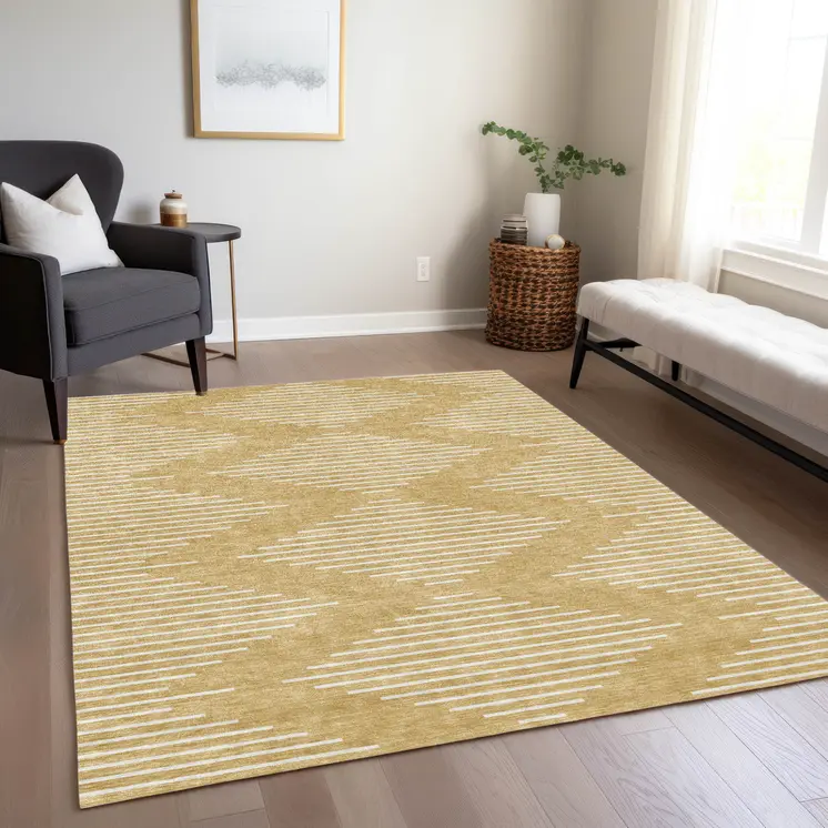 5' X 8' Gold And Ivory Geometric Washable Indoor Outdoor Area Rug