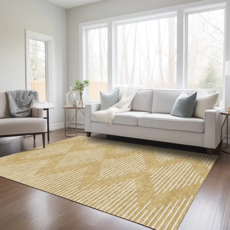 5' X 8' Gold And Ivory Geometric Washable Indoor Outdoor Area Rug