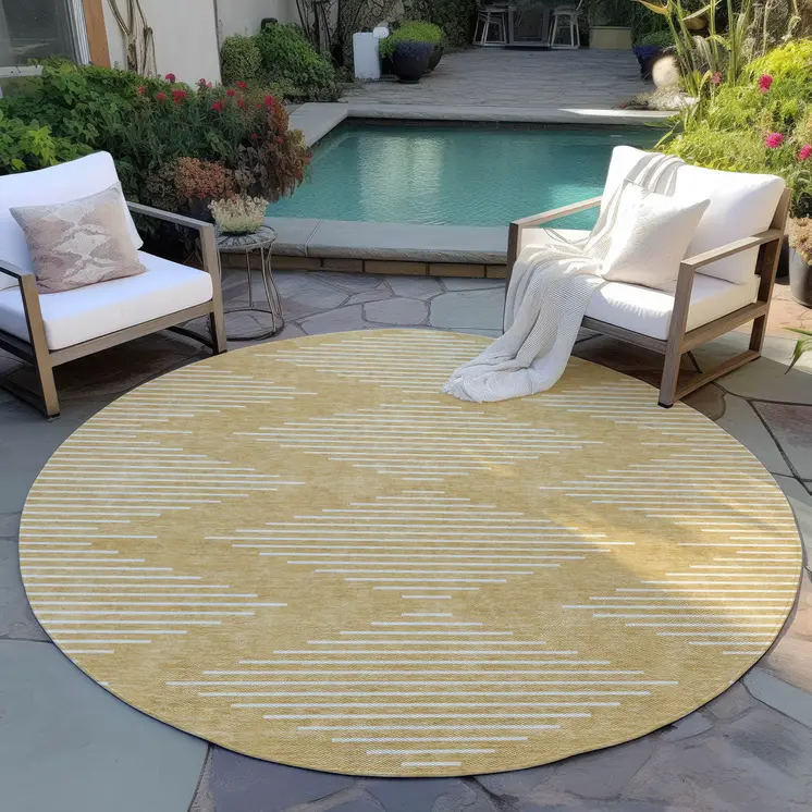 8' Gold And Ivory Round Geometric Washable Indoor Outdoor Area Rug