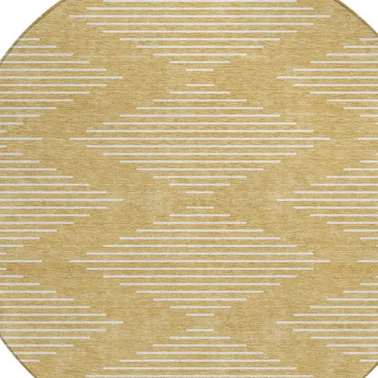 8' Gold And Ivory Round Geometric Washable Indoor Outdoor Area Rug
